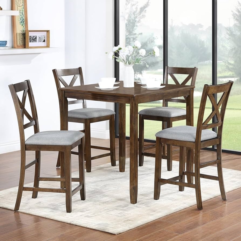 Counter Height Dining Set Walnut Square Table X-Back Gray Chairs