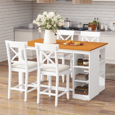 Counter Height Dining Set White Wood Side Storage Shelves X Back Stools