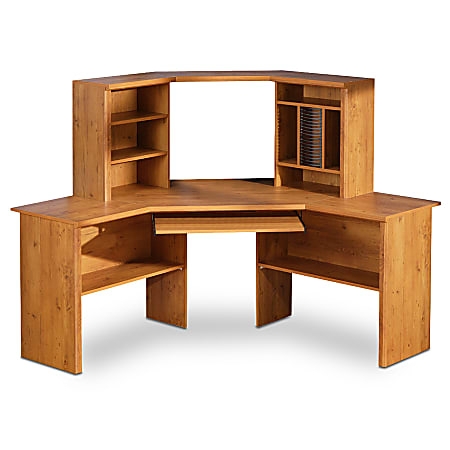 Country Style Corner Desk Hutch, Honey Pine Finish, Media Storage