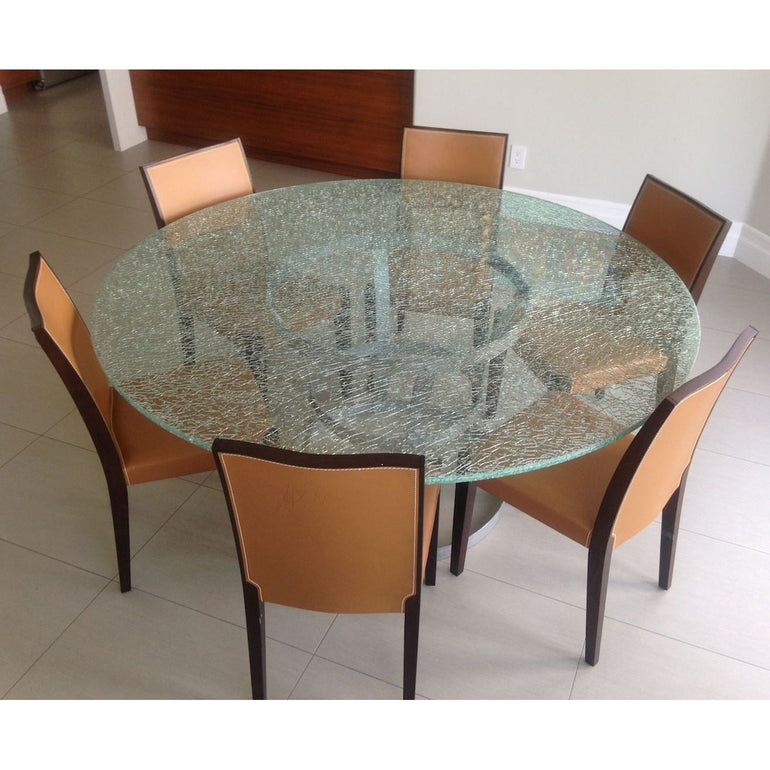 Crackle Glass Dining Table: Tripod Base, Tan Upholstered Chairs