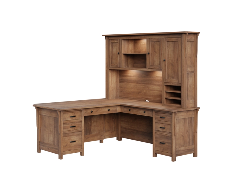 Craftsman L-Shaped Desk Hutch, Integrated Lighting, Mail Cubbies