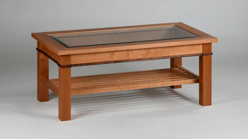 Craftsman Style Coffee Table with Inset Glass and Slatted Shelf