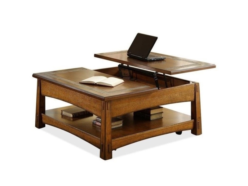 Craftsman Style Lift Top Coffee Table, Warm Brown with Slatted Sides