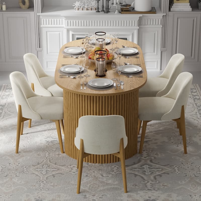 Cream Curved Upholstered Dining Chairs with Wood Legs Set