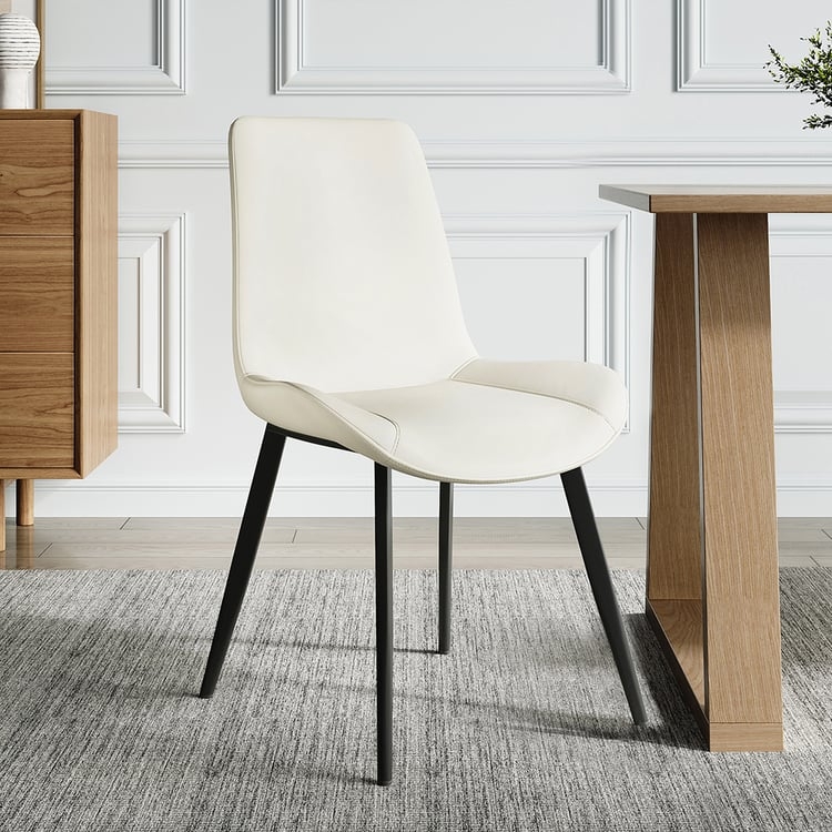 Cream Faux Leather Dining Chair Black Tapered Legs Mid-Century