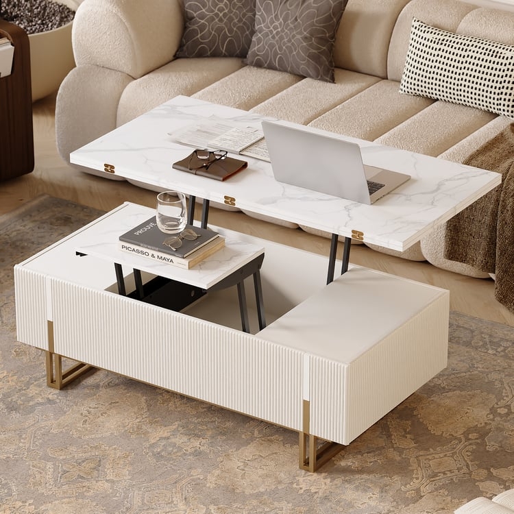 Cream Fluted Lift Top Coffee Table with Gold Hardware and Stone-Like Top