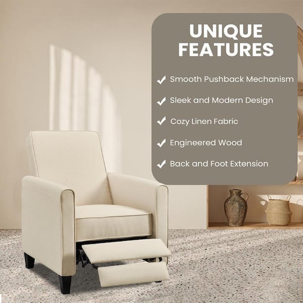 Cream Linen-Like Push Back Recliner with Slim Profile and Track Arms