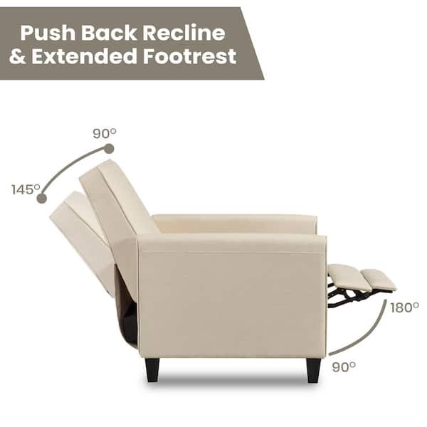 Cream Linen Push Back Recliner with 180-Degree Extended Footrest