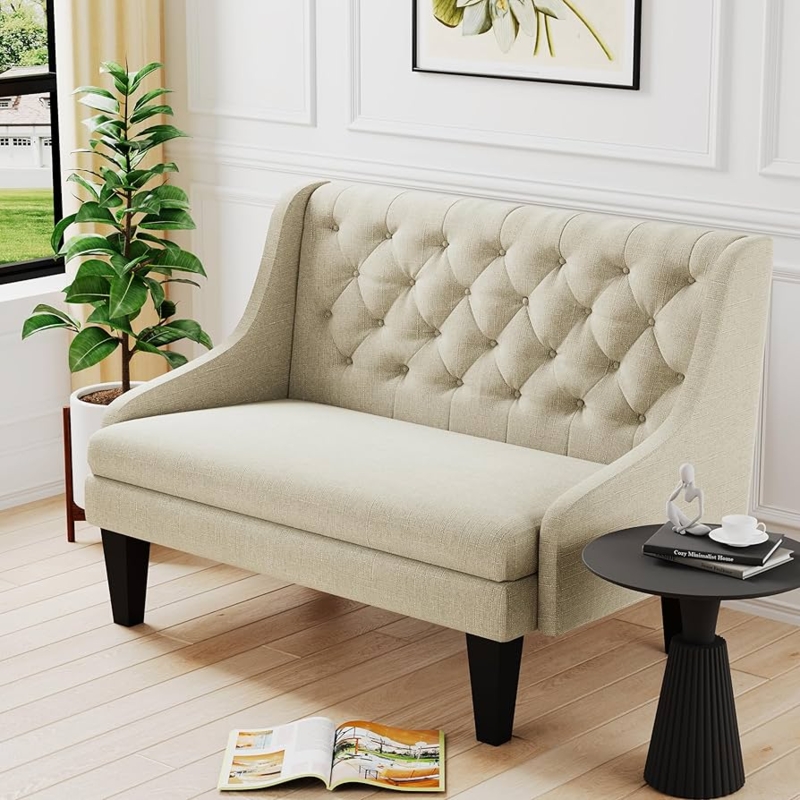 Cream Linen Wingback Loveseat with Diamond Button Tufting