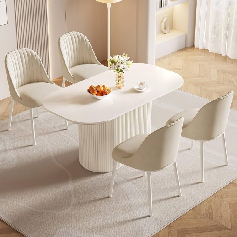 Cream Oval Pedestal Dining Set with Fluted Base and Channel Tufting