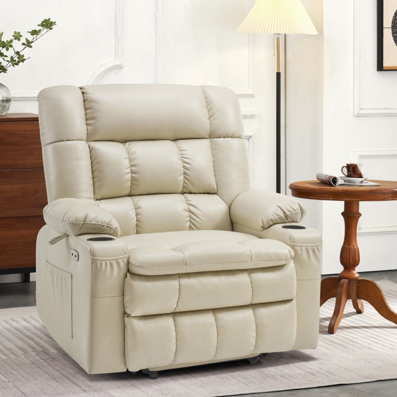 Cream Power Lift Recliner with Tufted Back and Leather-Like Fabric