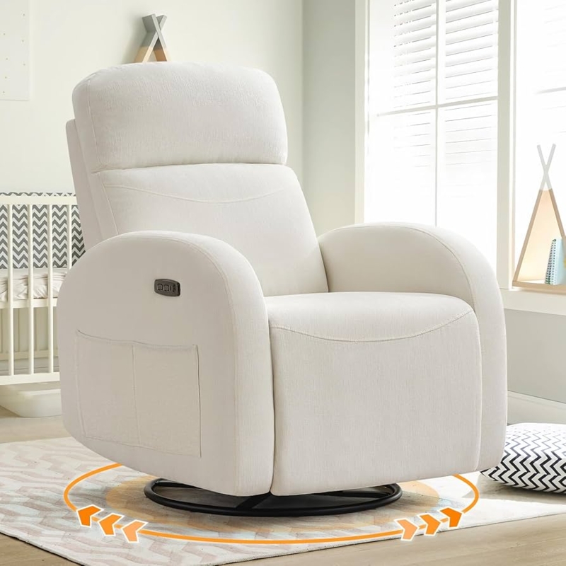 Cream Power Nursery Recliner with Chenille Texture and USB Port