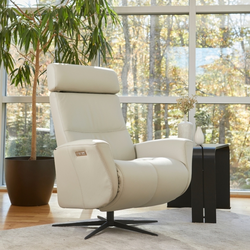 Cream Power Recliner with Adjustable Headrest and Black Star Base