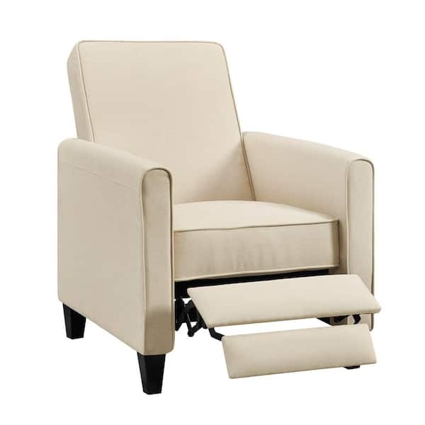 Cream Push-Back Recliner with Linen-Like Fabric and Track Arms
