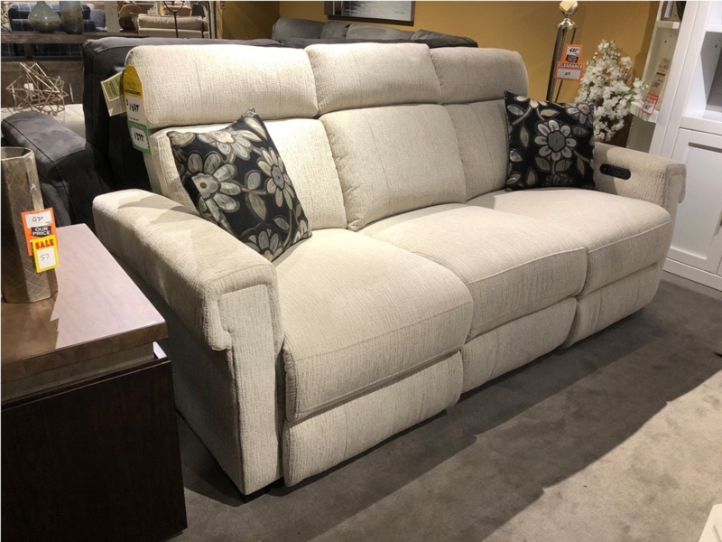 Cream Reclining Sofa Power Headrest Textured Fabric Floral Pillows