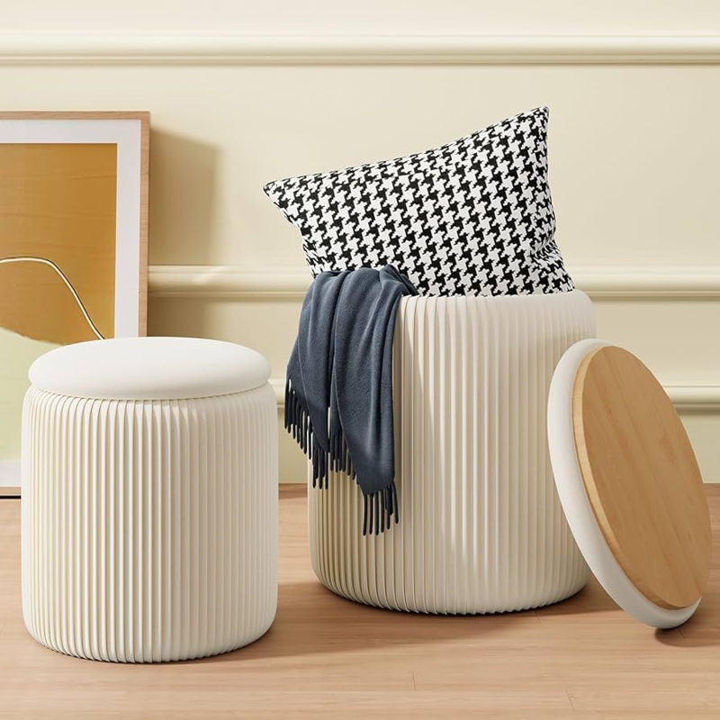Cream Ribbed Storage Ottoman Set Wood Tray Lid