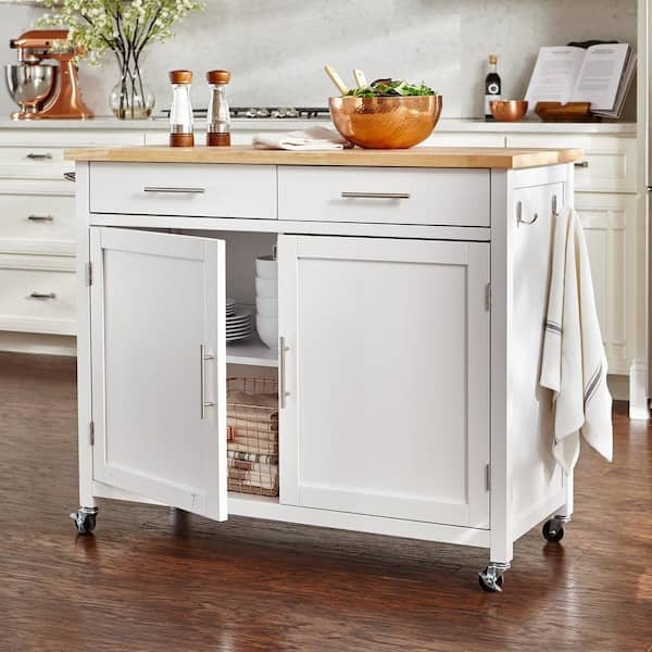 Cream Rolling Kitchen Cart Butcher Block Top with Double Drawers