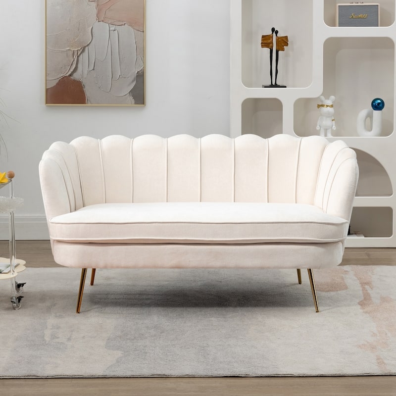 Cream Scalloped Loveseat, Channel Tufting Gold Tapered Legs