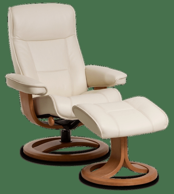 Cream Scandinavian Swivel Recliner with Bentwood Frame and Ottoman