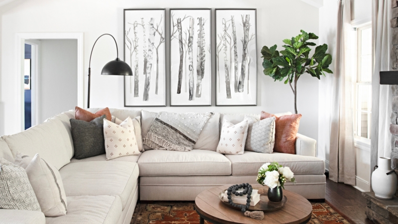 Cream Sectional Sofa in Modern Farmhouse Style with Birch Tree Art