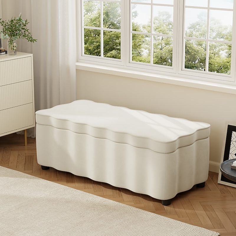 Cream Storage Ottoman Bench with Unique Scalloped Wavy Edge Silhouette