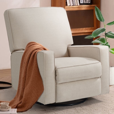 Cream Swivel Rocker Recliner with Woven Texture and Piping Detail