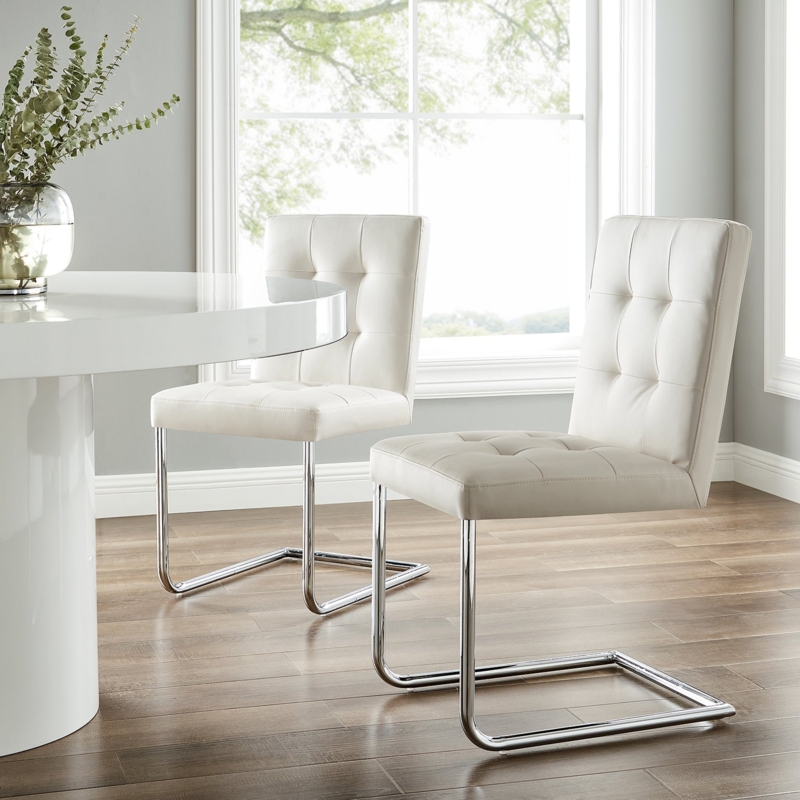Cream Tufted Dining Chairs Chrome Cantilever Base Grid Stitching