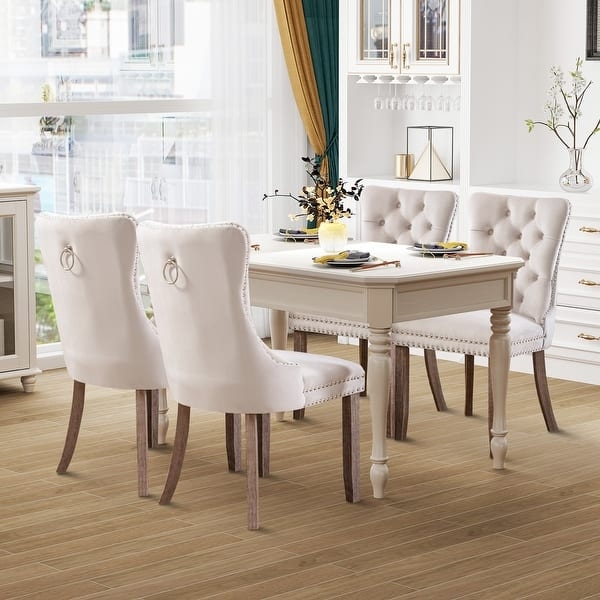 Cream Velvet Tufted Dining Chairs with Ring Pull Hardware
