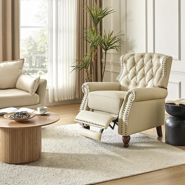 Creamy Beige Push-Back Recliner with Nailhead Trim