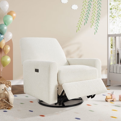 Creamy White Boucle Power Swivel Glider Nursery Recliner