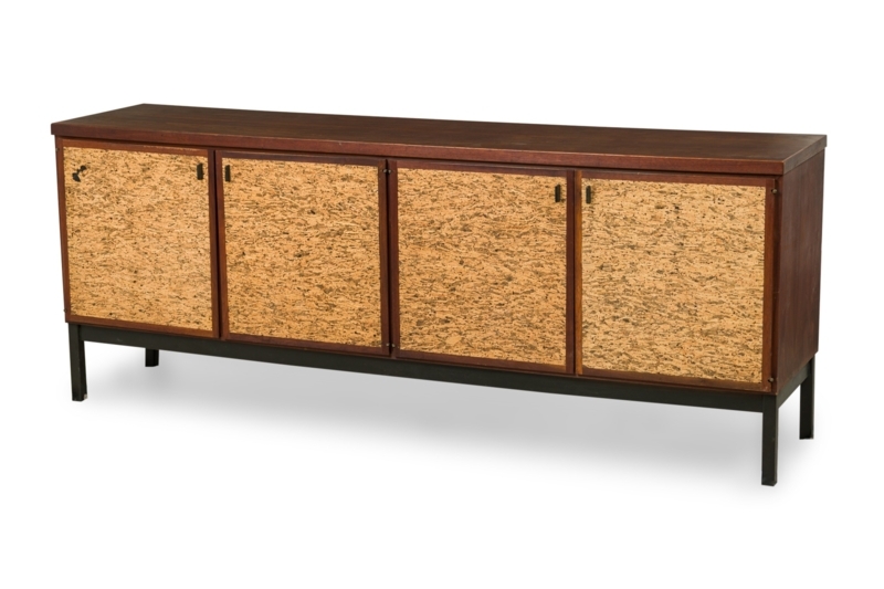 Credenza: Cork Like Panels, Tapered Legs, Mid-Century Modern Style