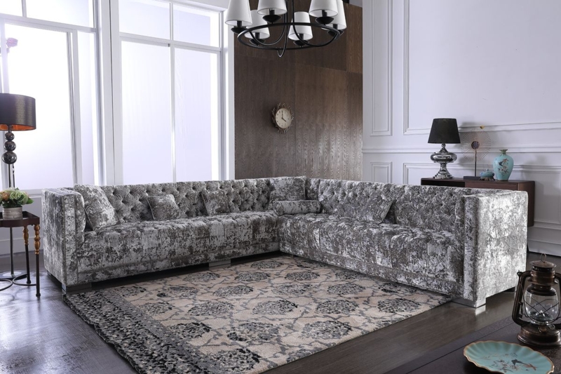 Crushed Velvet L-Shaped Sectional in Shimmering Silver Grey