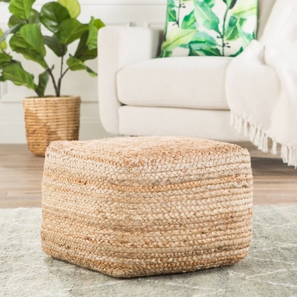 Cube Jute Pouf, Chunky Braided Weave, Coastal Bohemian Living Room Ottoman