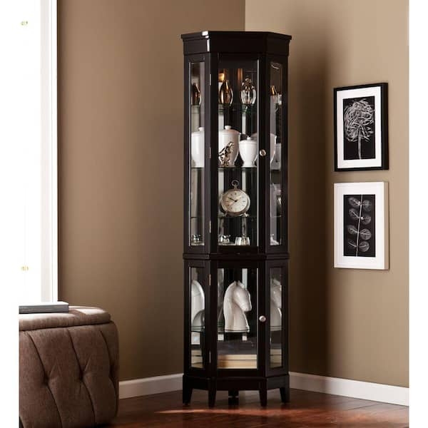 Curio Cabinet Black Corner Design with Mirrored Back and Lighting