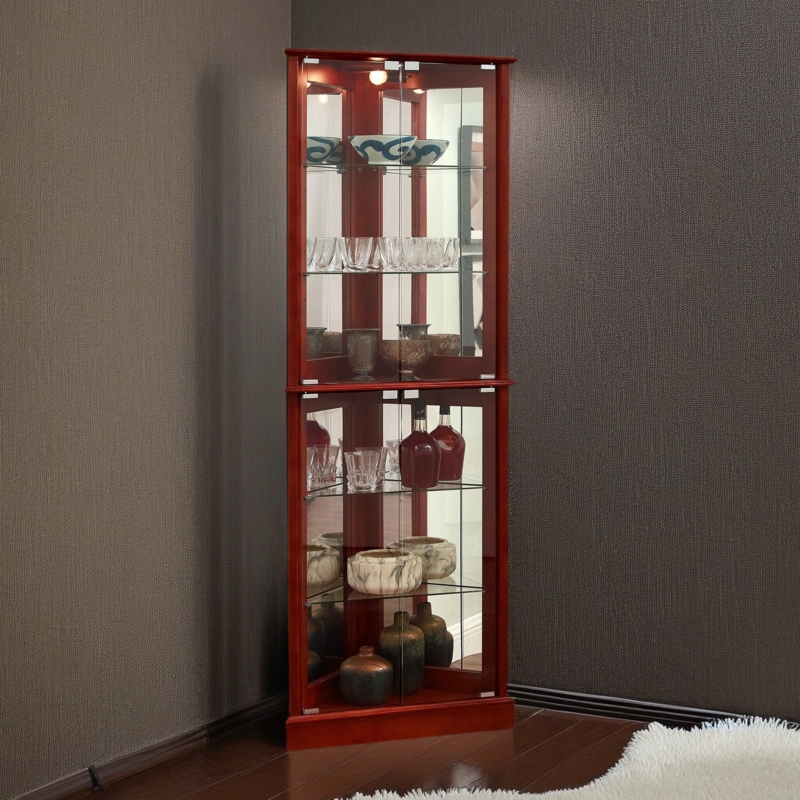 Curio Cabinet Cherry Polished Finish, Traditional Style Corner Fit