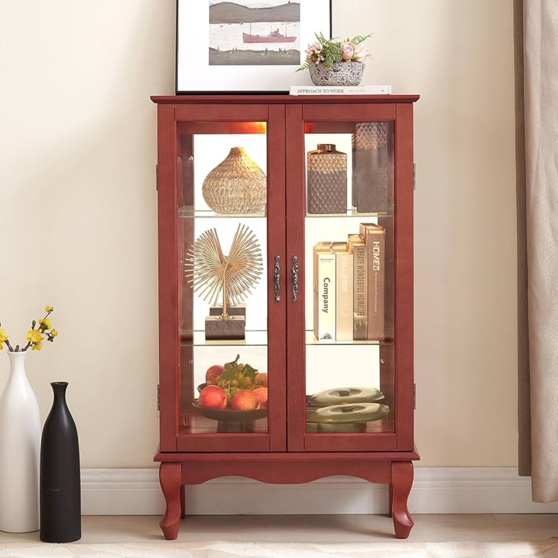 Curio Cabinet Cherry Wood Tone with Mirrored Back and Cabriole Legs