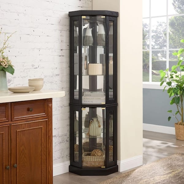 Curio Cabinet Corner Design Matte Black with Built-In Lighting