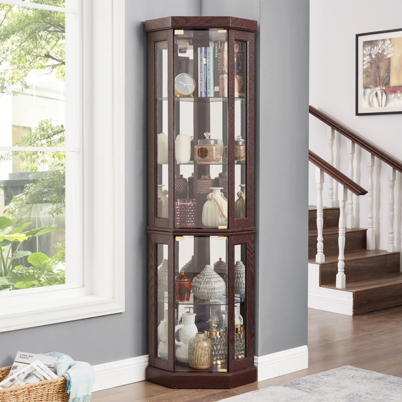 Curio Cabinet Corner Design with Mirrored Back and Lighted Interior