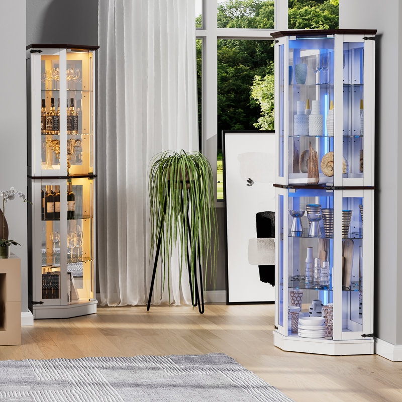 Curio Cabinet Corner Fit Farmhouse Glass Doors LED Lighting