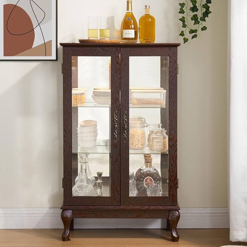 Curio Cabinet Dark Cherry with Mirrored Back and Ornate Handles
