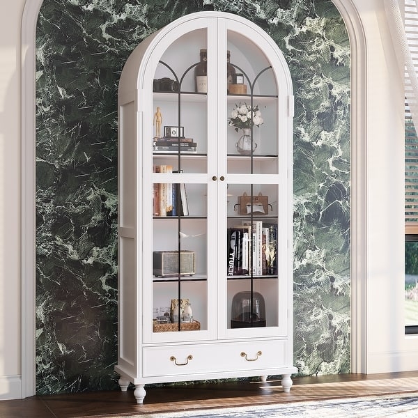 Curio Cabinet Decorative Mullions Arched Top White Finish