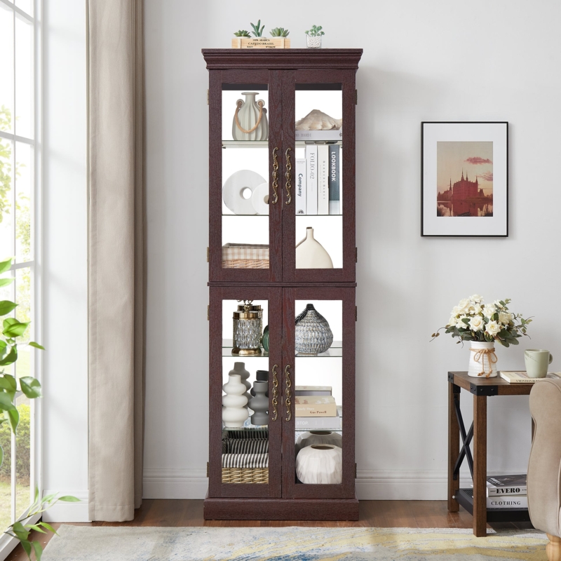 Curio Cabinet Four-Door Glass Showcase, Antique Brass Hardware, Espresso Finish