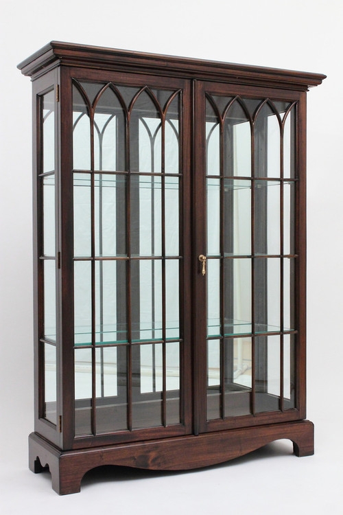 Curio Cabinet: Gothic Arch Mullions, Dark Mahogany. Georgian Style Curio.