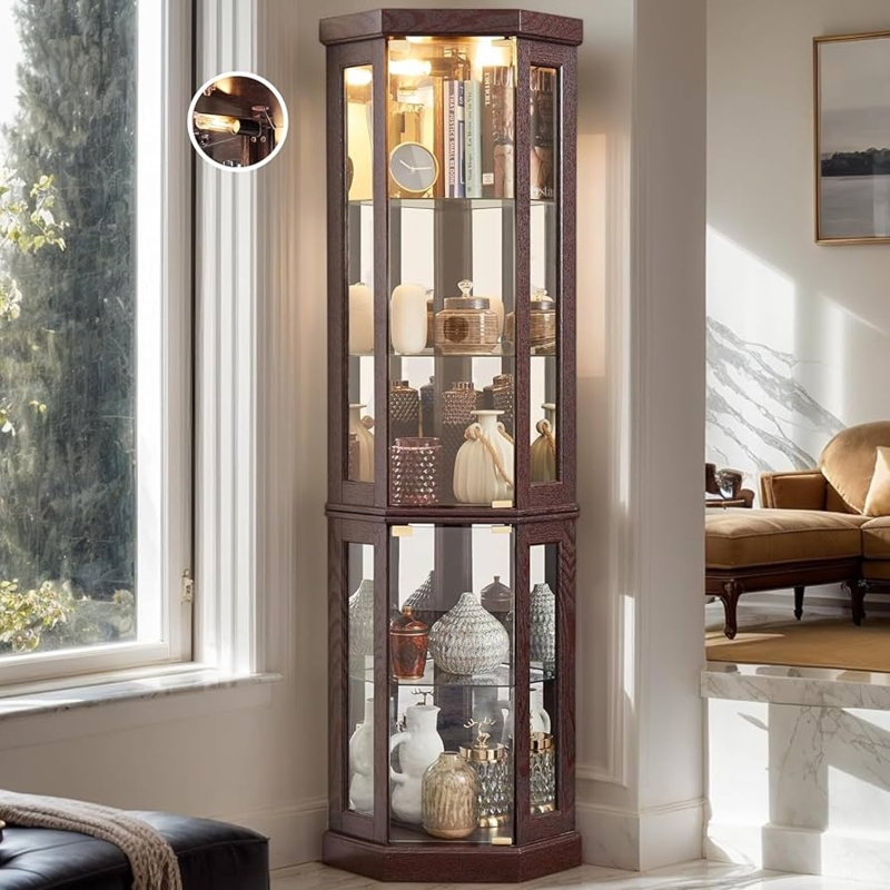 Curio Cabinet Hexagonal Corner Design, Dark Espresso Finish, Integrated Lighting