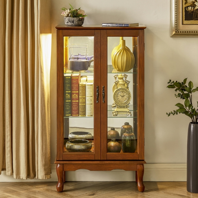 Curio Cabinet Honey Oak Finish, Traditional Cabriole Legs, Mirrored Back