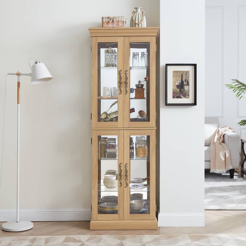 Curio Cabinet Light Oak Finish with Four Glass Doors