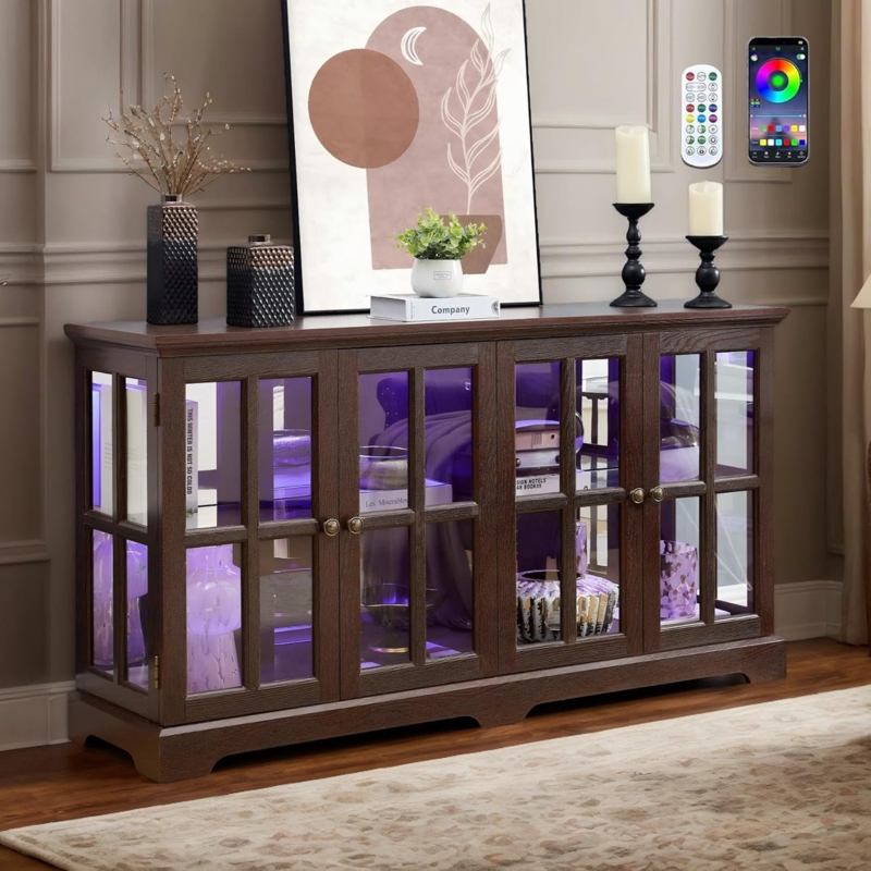 Curio Cabinet Low Profile with Grid Glass Doors and LED Lighting
