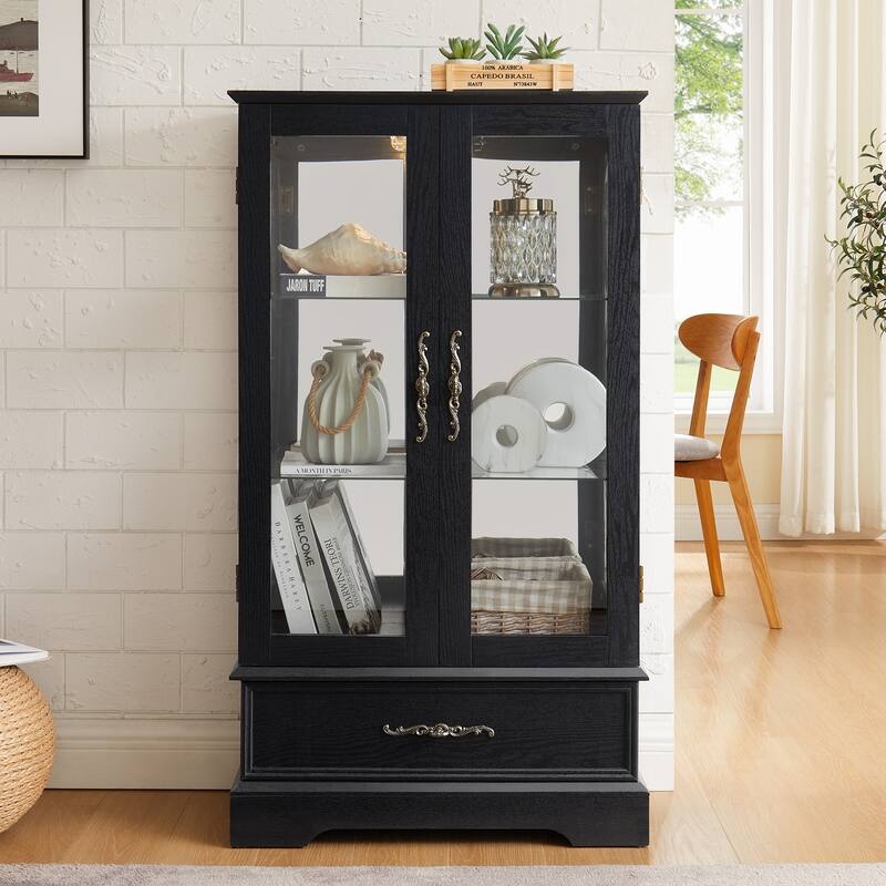 Curio Cabinet Matte Black Finish, Bottom Storage Drawer, Ornate Hardware