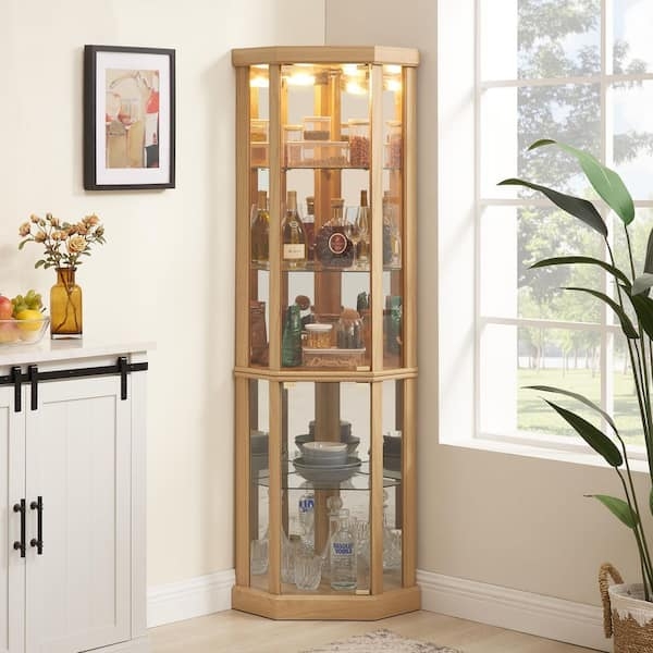 Curio Cabinet Natural Light Brown Finish, Hexagonal Corner Silhouette