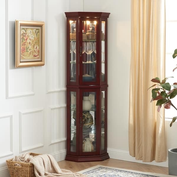 Curio Cabinet Reddish-Brown Finish, Traditional Crown Molding, Corner Fit